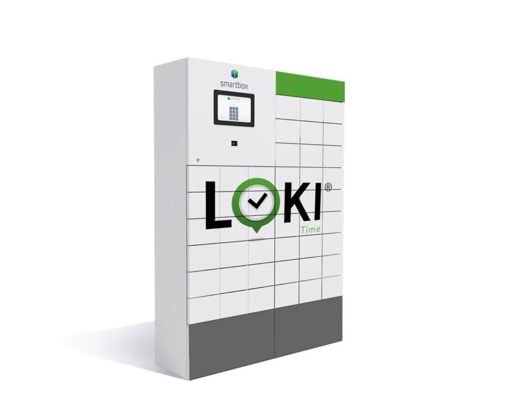 Lokitimen logolla varustettu avainhallinta automaatti, jossa on 45-lokeroa asuntojen avainten noutoa ja palautusta varten.