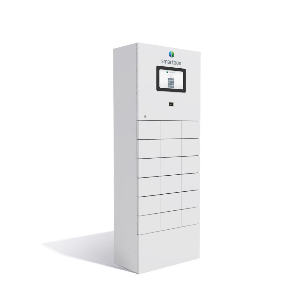 18-lokeroinen normaali Smartbox avainkaappi, jossa on näyttö, sekä Smartbox logo teipattuna näytön ylle.