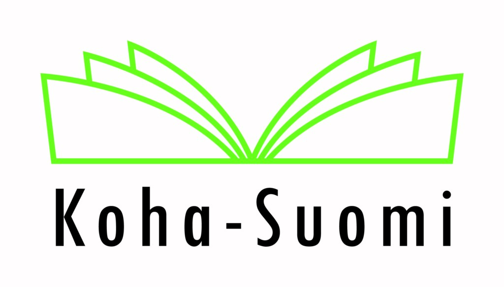 Koha-Suomi kairjastojärjestelmän logo, jossa nimi alla mustilla kirjaimilla ja vihreällä kirjan sivut logona. 